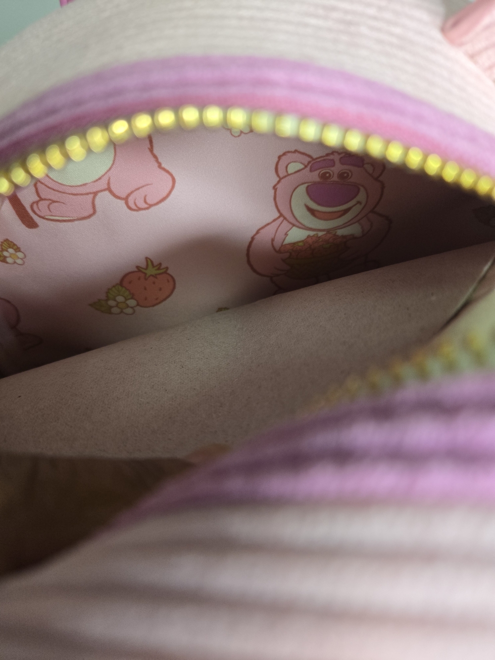 Disney Parks Loungefly Toy Story Lotso Pink & Cream Corduroy Backpack - Picture 5 of 5